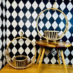 ELABORATE Rattan Planters 22” Pair Circular Frame Boho Coastal Rustic Luxury